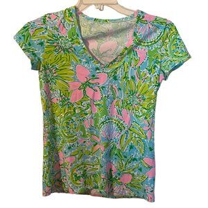 Lilly Pulitzer Women's Small Short Sleeve V-Neck Floral Shirt Green Pink Blue